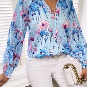 Floral Pleated Blouse Long Sleeve | Size XL
